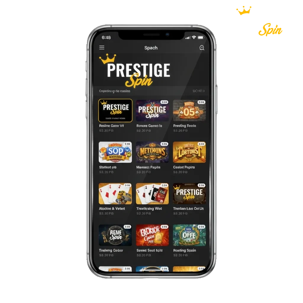 Prestige Spin app on Android and iPhone screens, showing sports betting, casino games, payments, and a welcome bonus offer.