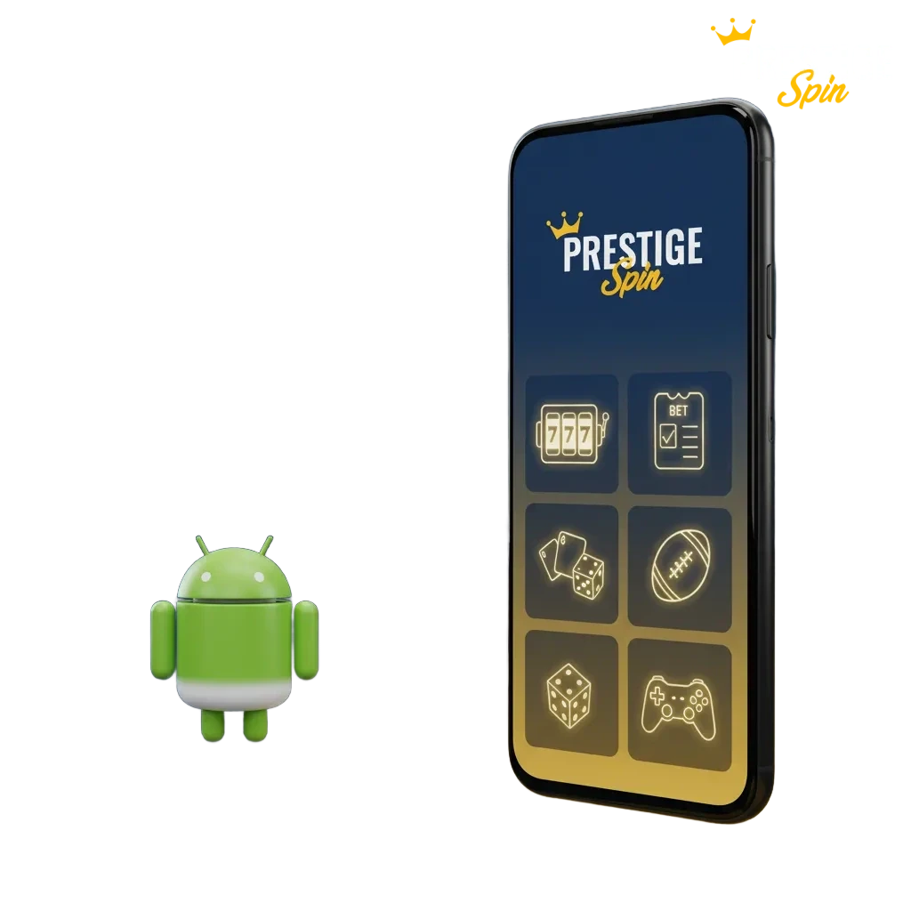 Screenshot of Prestige Spin Android app on a phone, with betting markets, casino games, and payment options; free download.