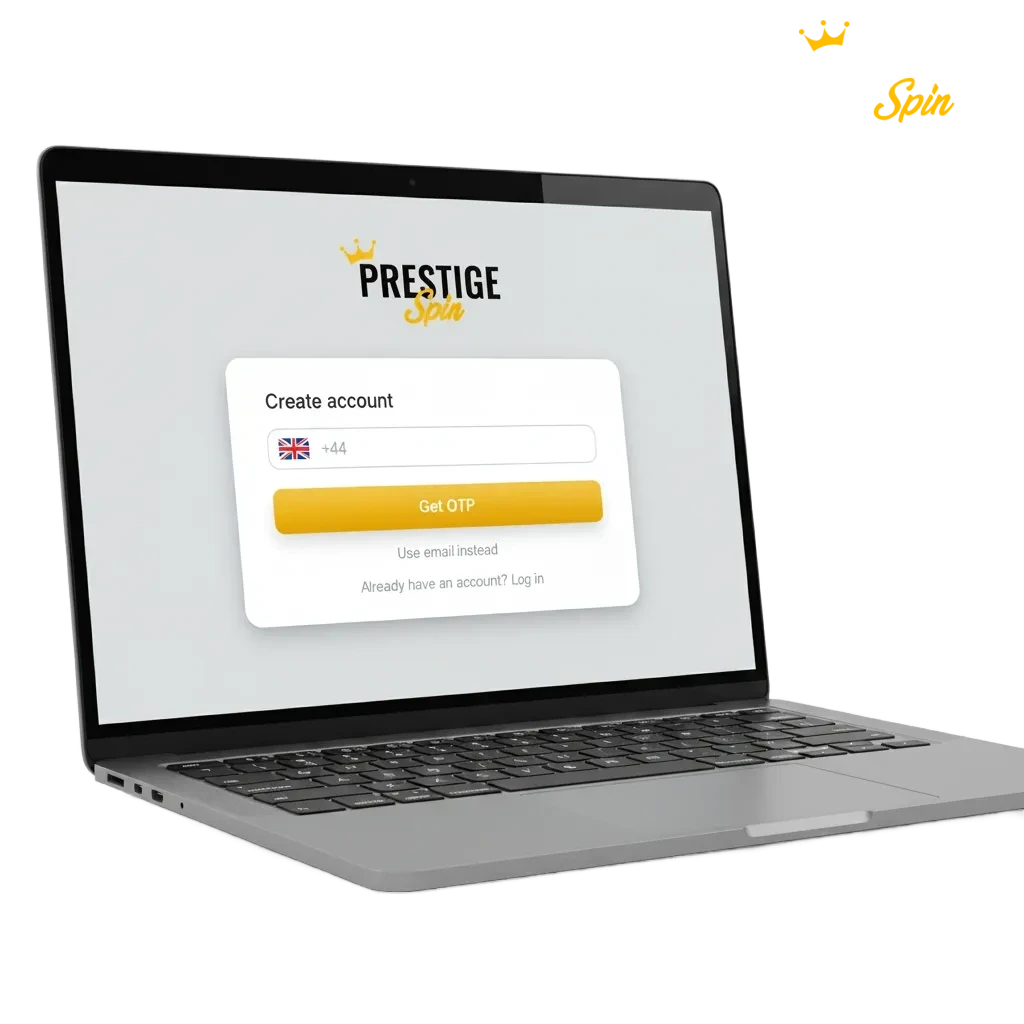 Prestige Spin UK sign-up: phone, email, social, or one-click; access casino & sportsbook; welcome package offers shown.
