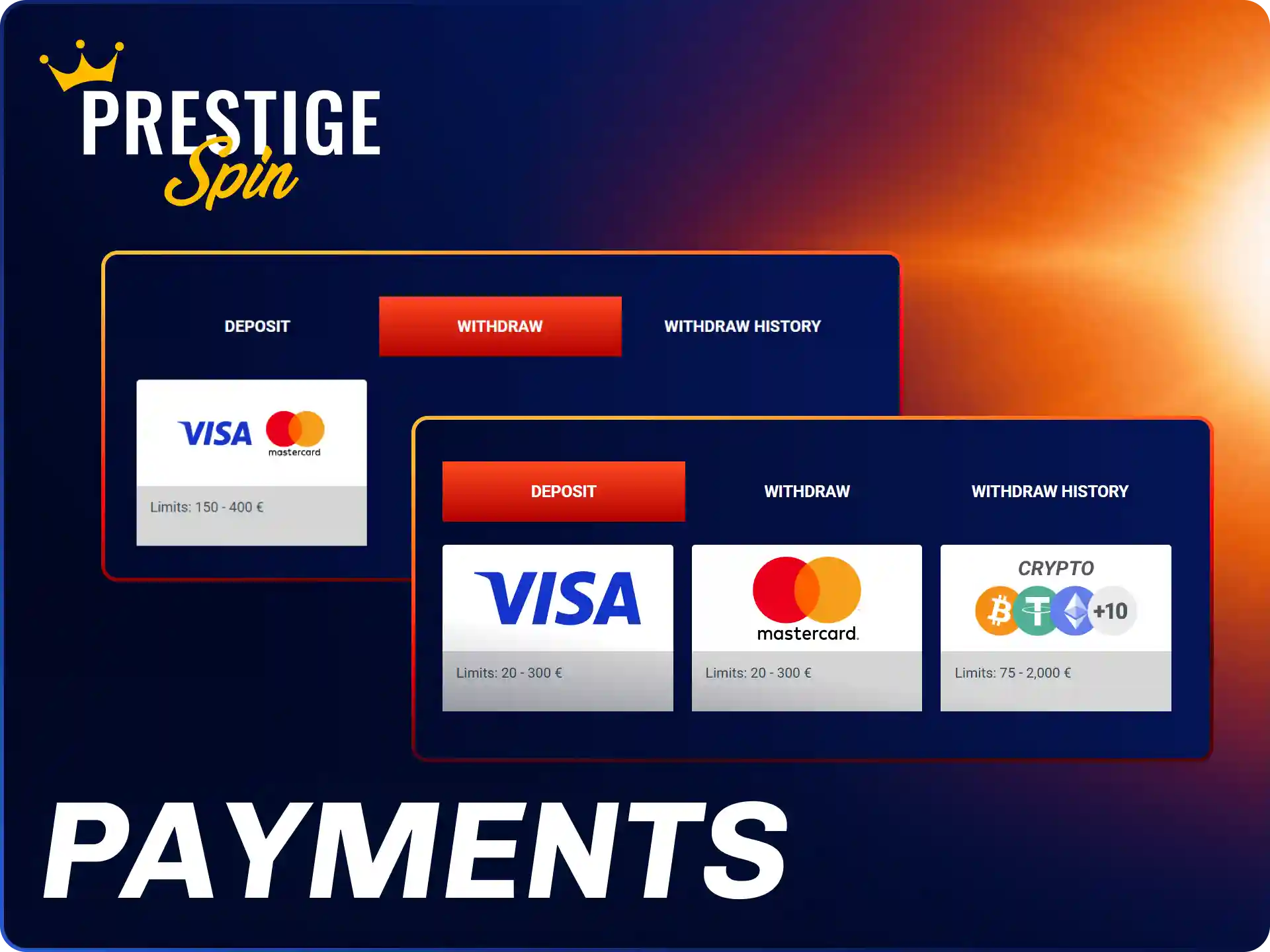 Check the convenient deposit and withdrawal methods available at Prestige Spin online.