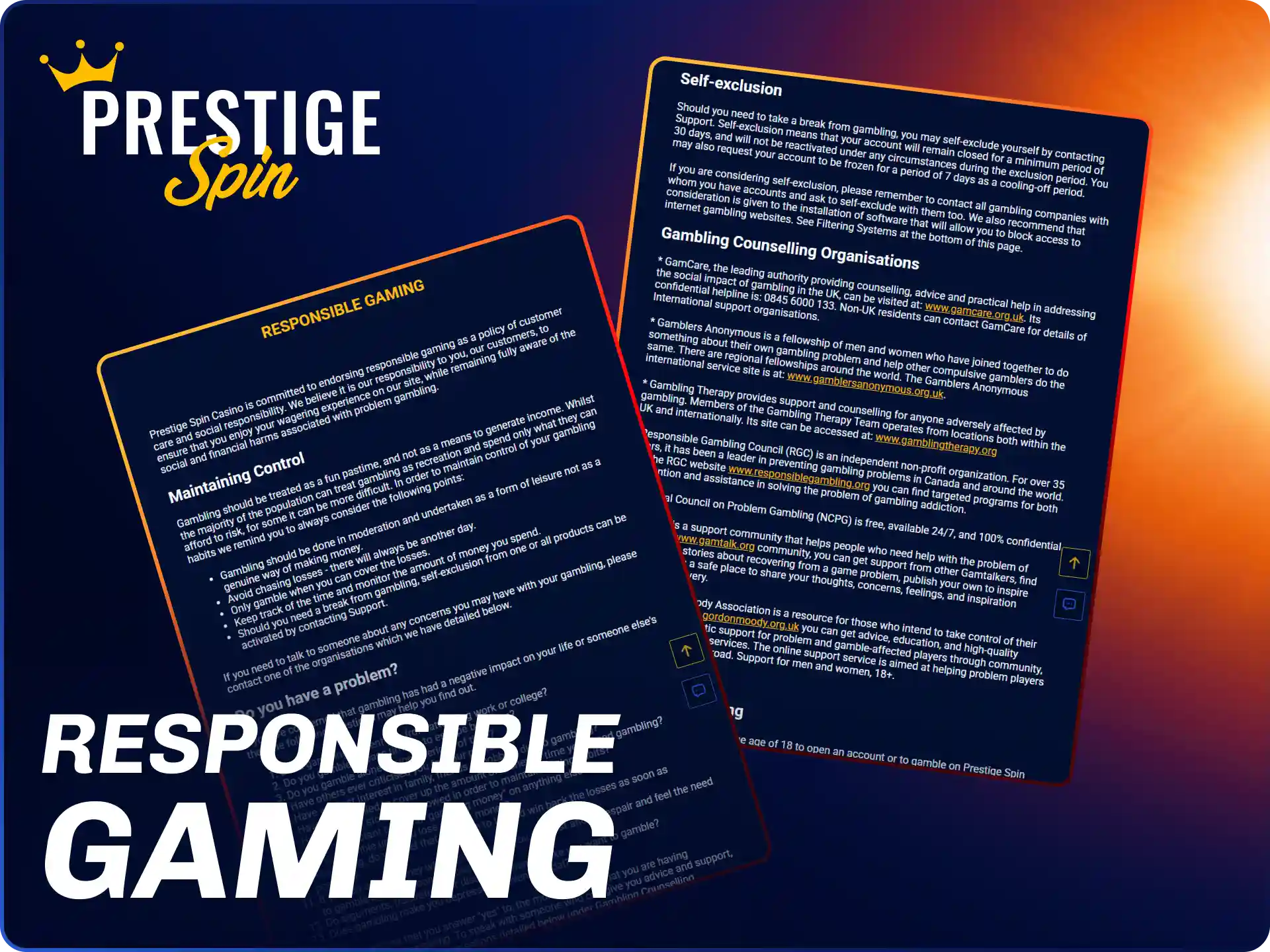 Practice responsible gaming while wagering on Prestige Spin.